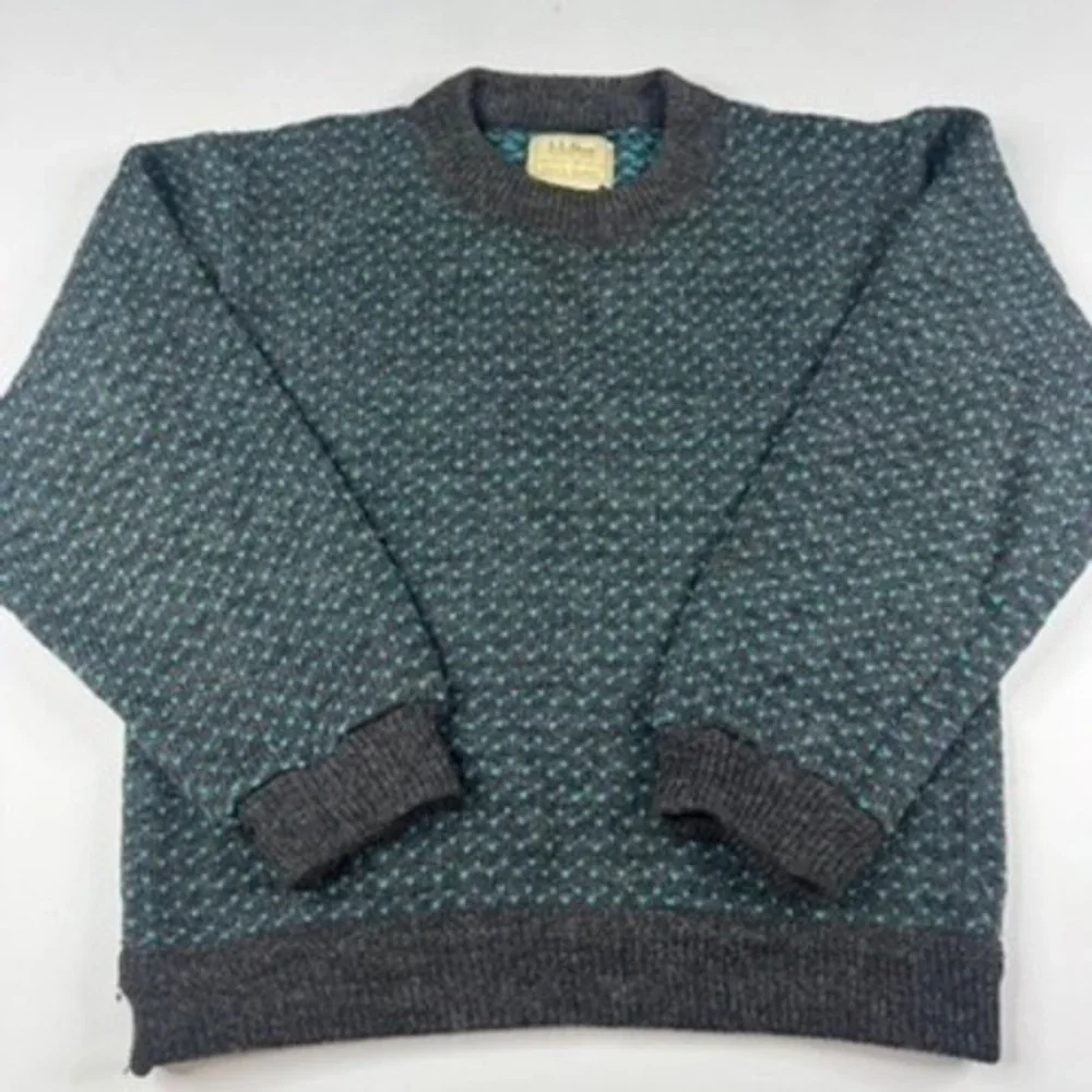L.L. Bean Vintage 80s Birdseye Sweater Men Small Gray Blue Wool Fisherman Norway